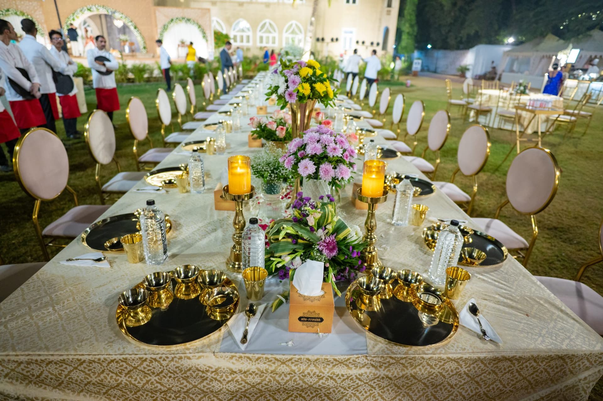 Family dinner seating laid out in the heritage hall at Shivmahal Palace