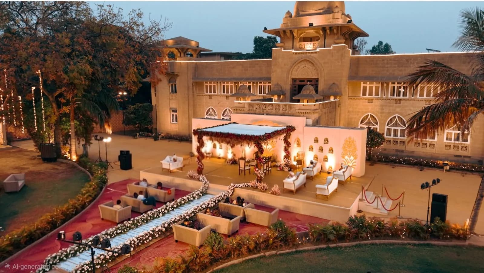 Aerial view of the mandap canopy, sofas and flower-lined walkway at Shivmahal Palace