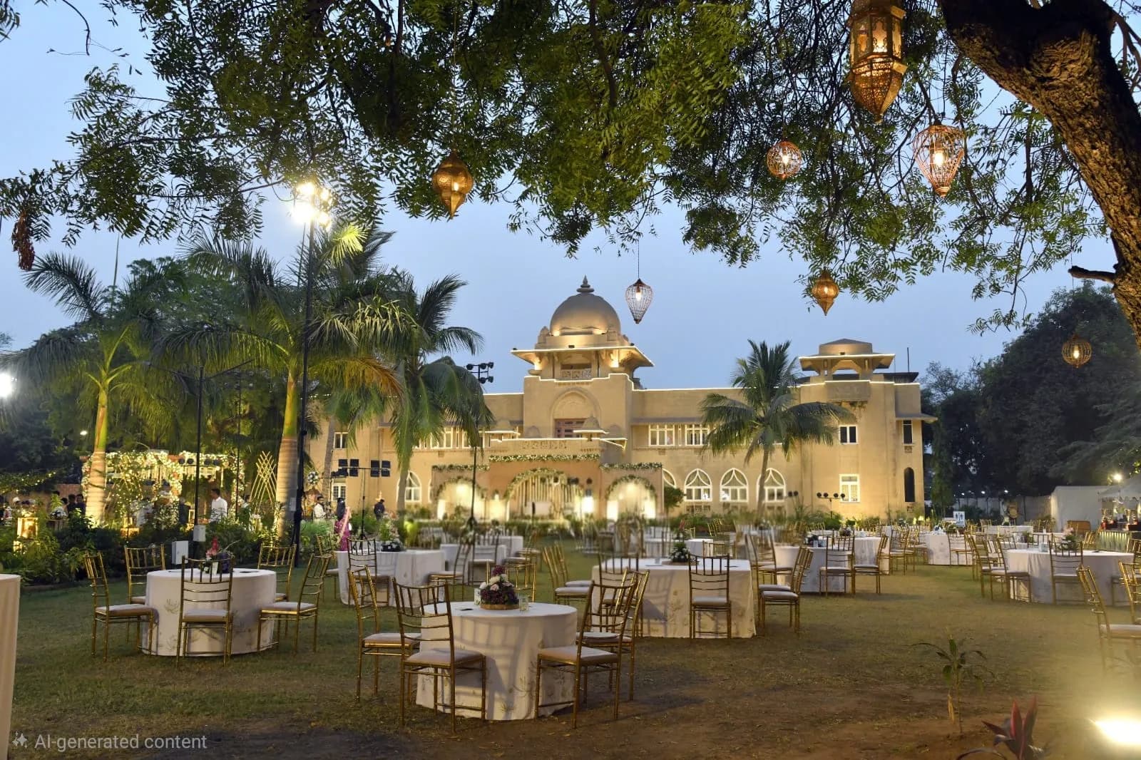 Round dinner tables under trees hung with lanterns on the palace lawn
