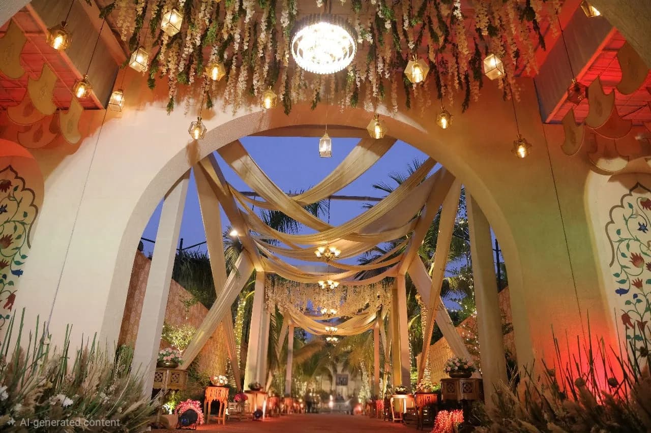 Decorated entry arch with drapes and lanterns leading guests into the venue