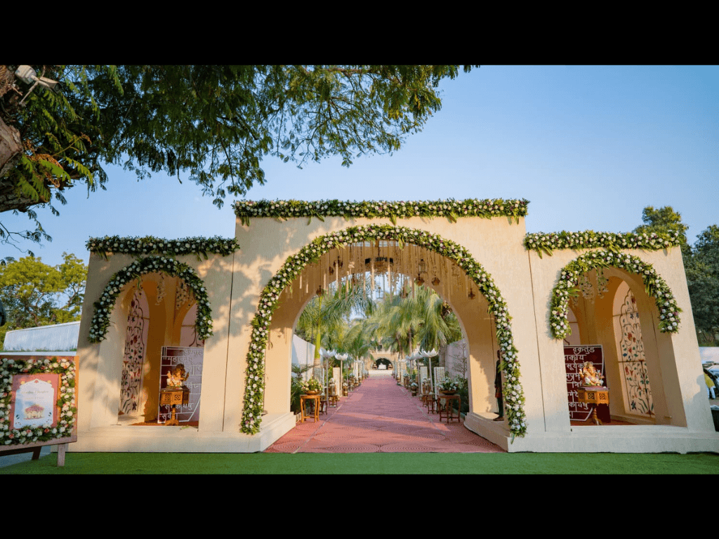 Wedding welcome gate with a red carpet aisle at Shivmahal Palace