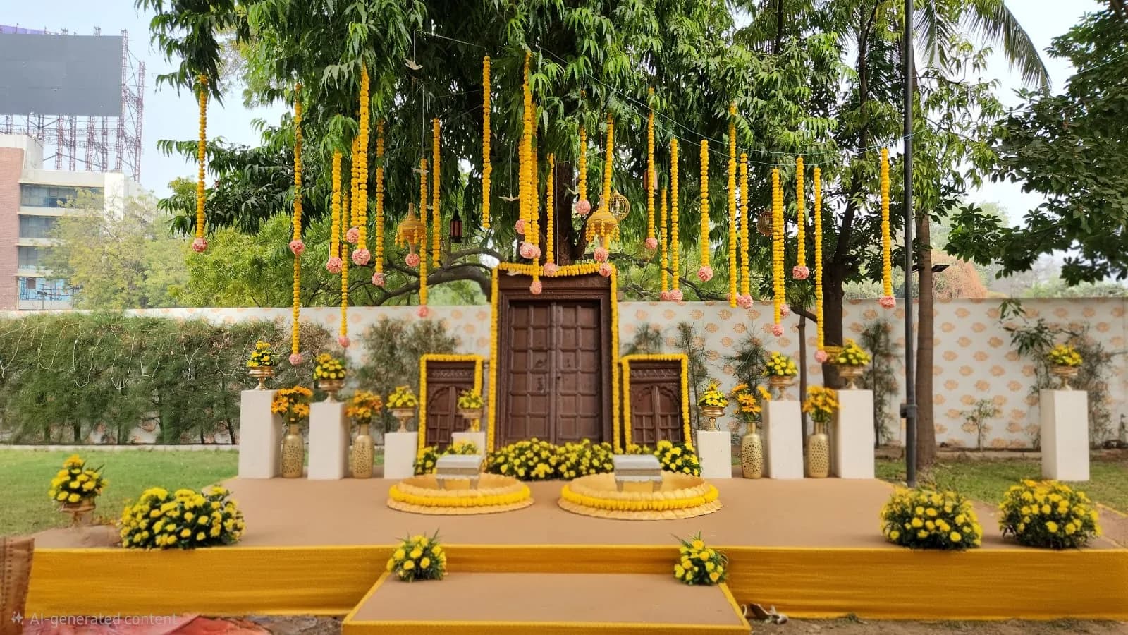 Haldi stage in marigold with carved wooden doors at Shivmahal Palace, Vadodara