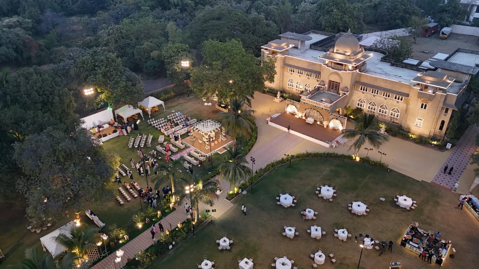 Aerial view of the wedding lawn and palace at Shivmahal Palace, Vadodara