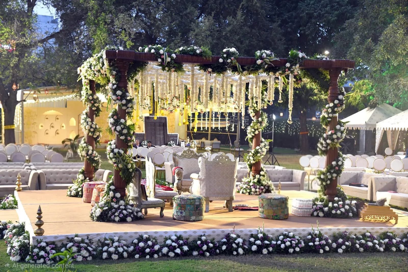 Floral-pillar mandap on the lawn stage with guest sofas at Shivmahal Palace