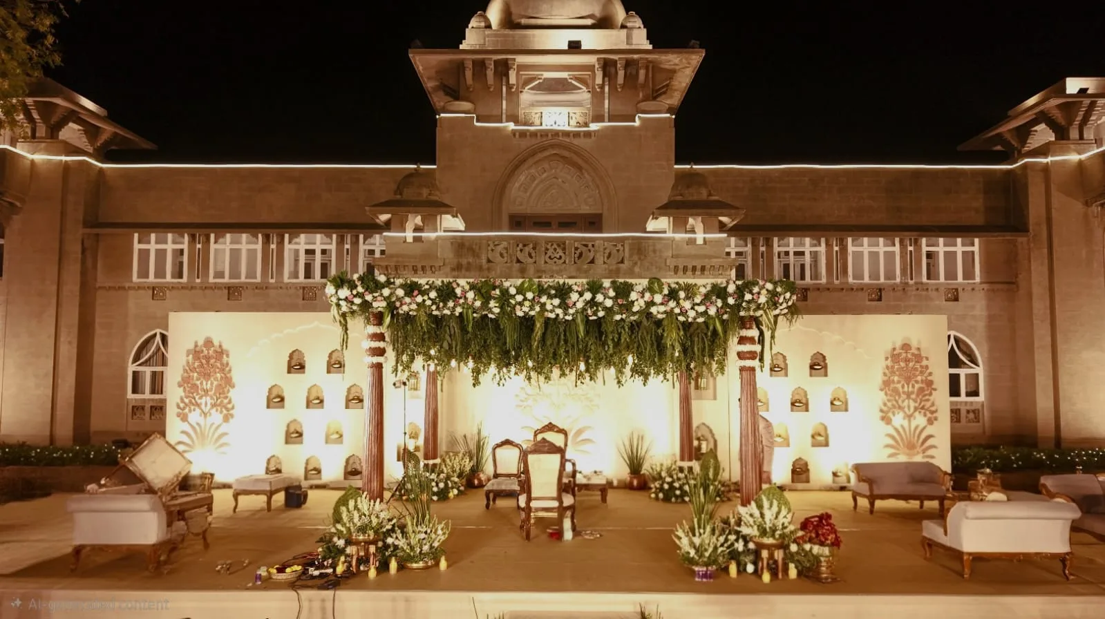 Green foliage mandap canopy lit at night at Shivmahal Palace