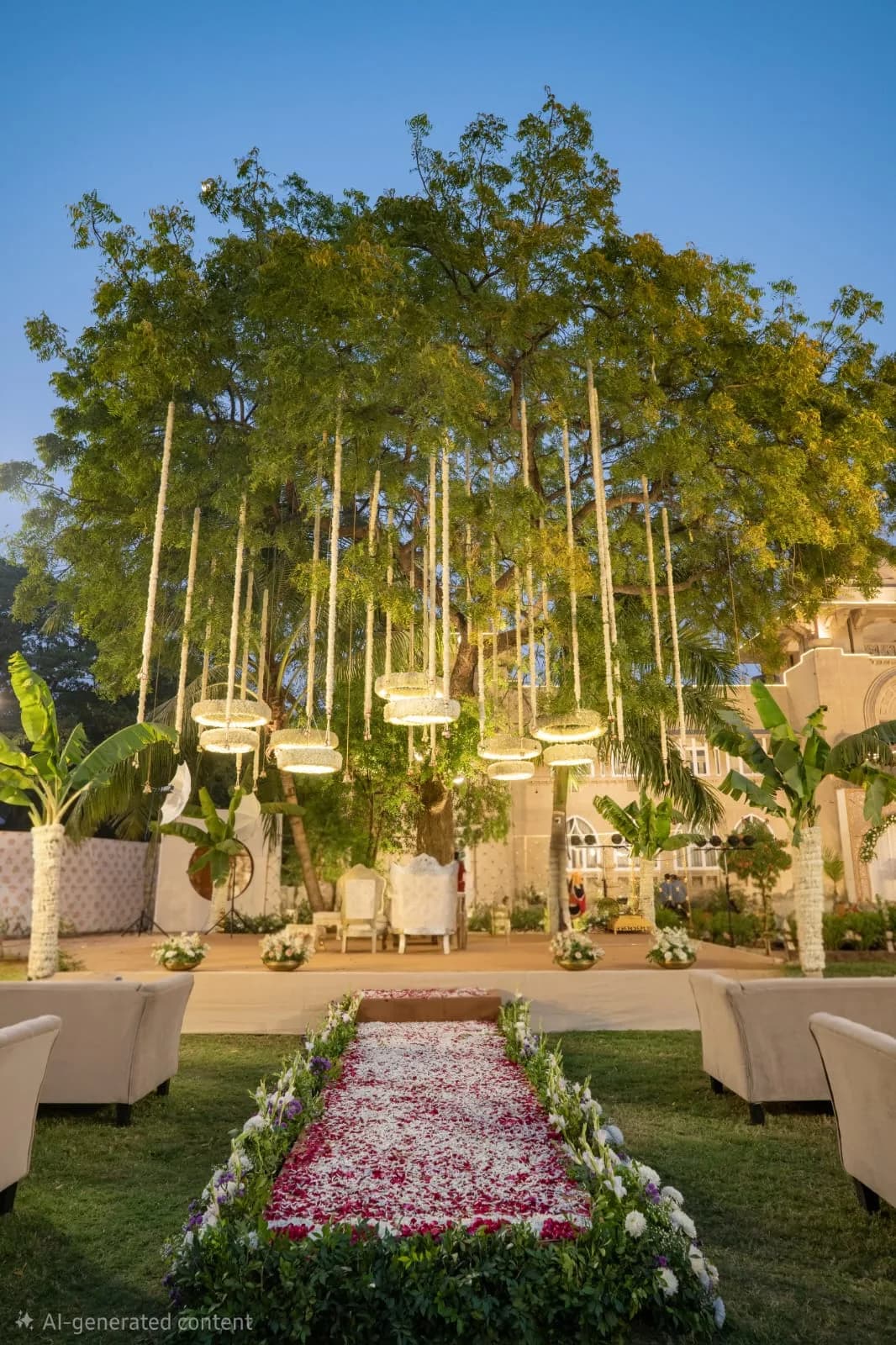 Mandap under a tree hung with chandeliers, with a petal aisle at Shivmahal Palace