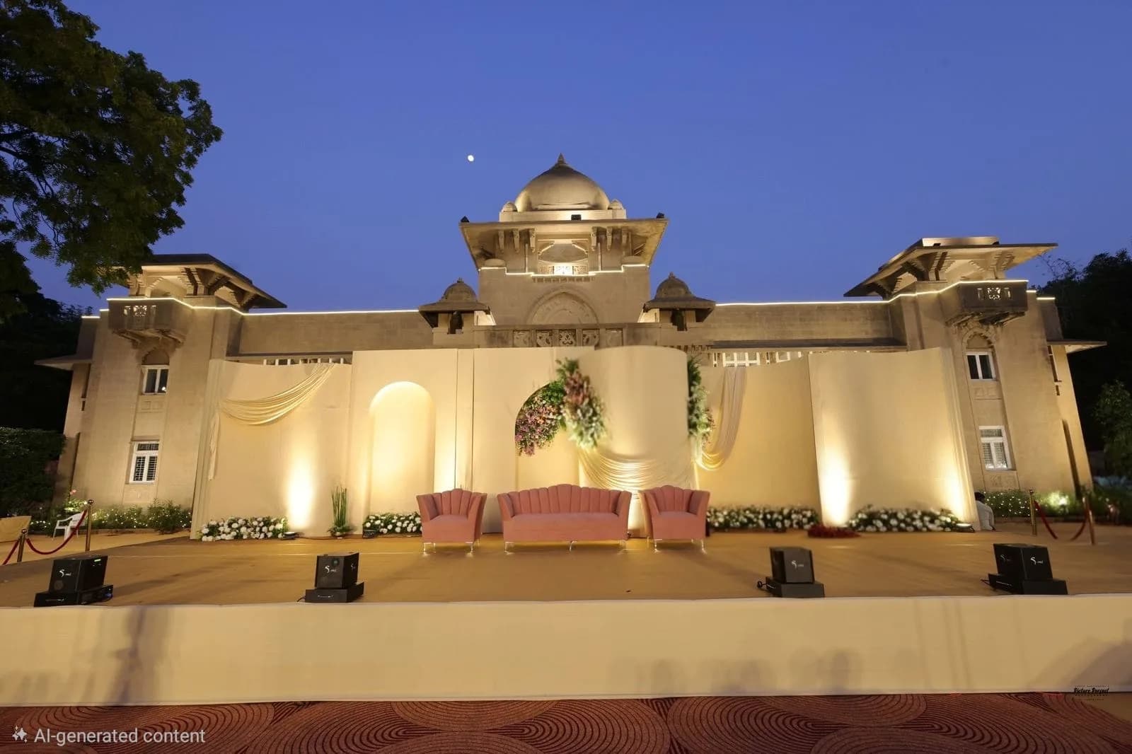 Reception stage with drape backdrop set against the palace facade at dusk