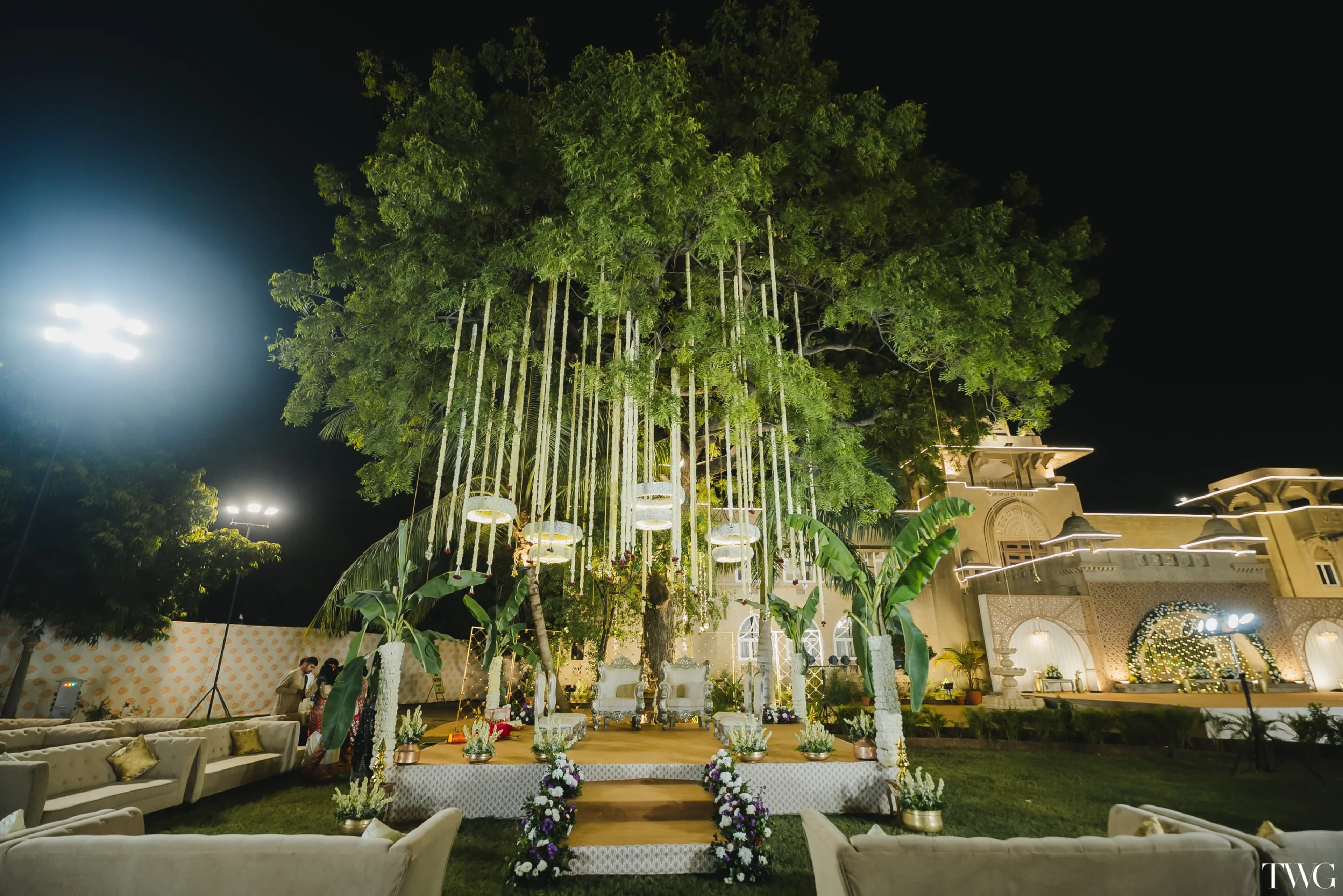 Wedding mandap set on the lawn at Shivmahal Palace, a wedding venue in Vadodara
