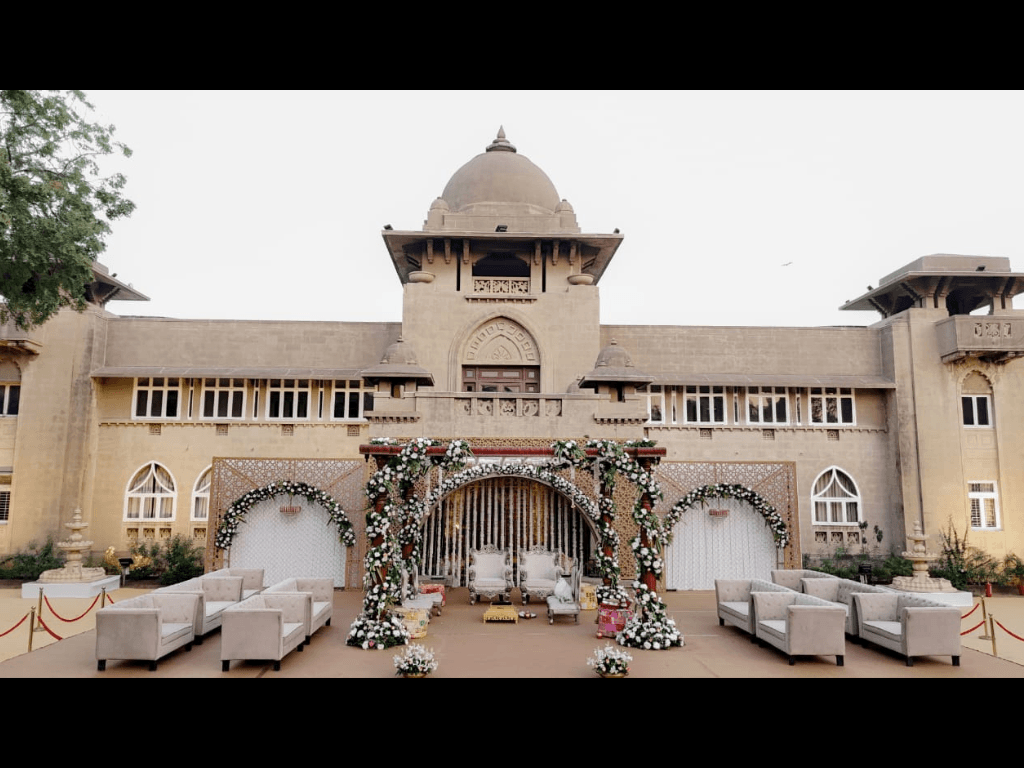 Floral mandap with seating for the pheras at Shivmahal Palace wedding venue, Vadodara