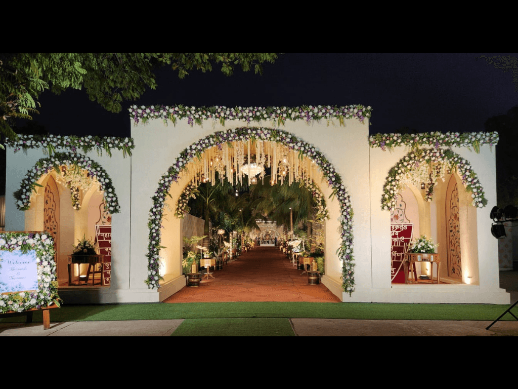 Floral wedding entrance gate at Shivmahal Palace, Old Padra Road, Vadodara